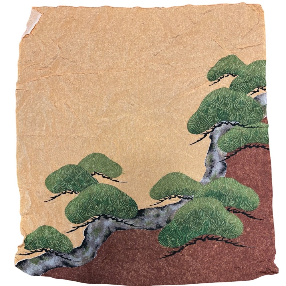 Sumidagawa Chirimen Japanese Crepe Fabric 24x26 Rayon Pine Tree Tan Green Brown